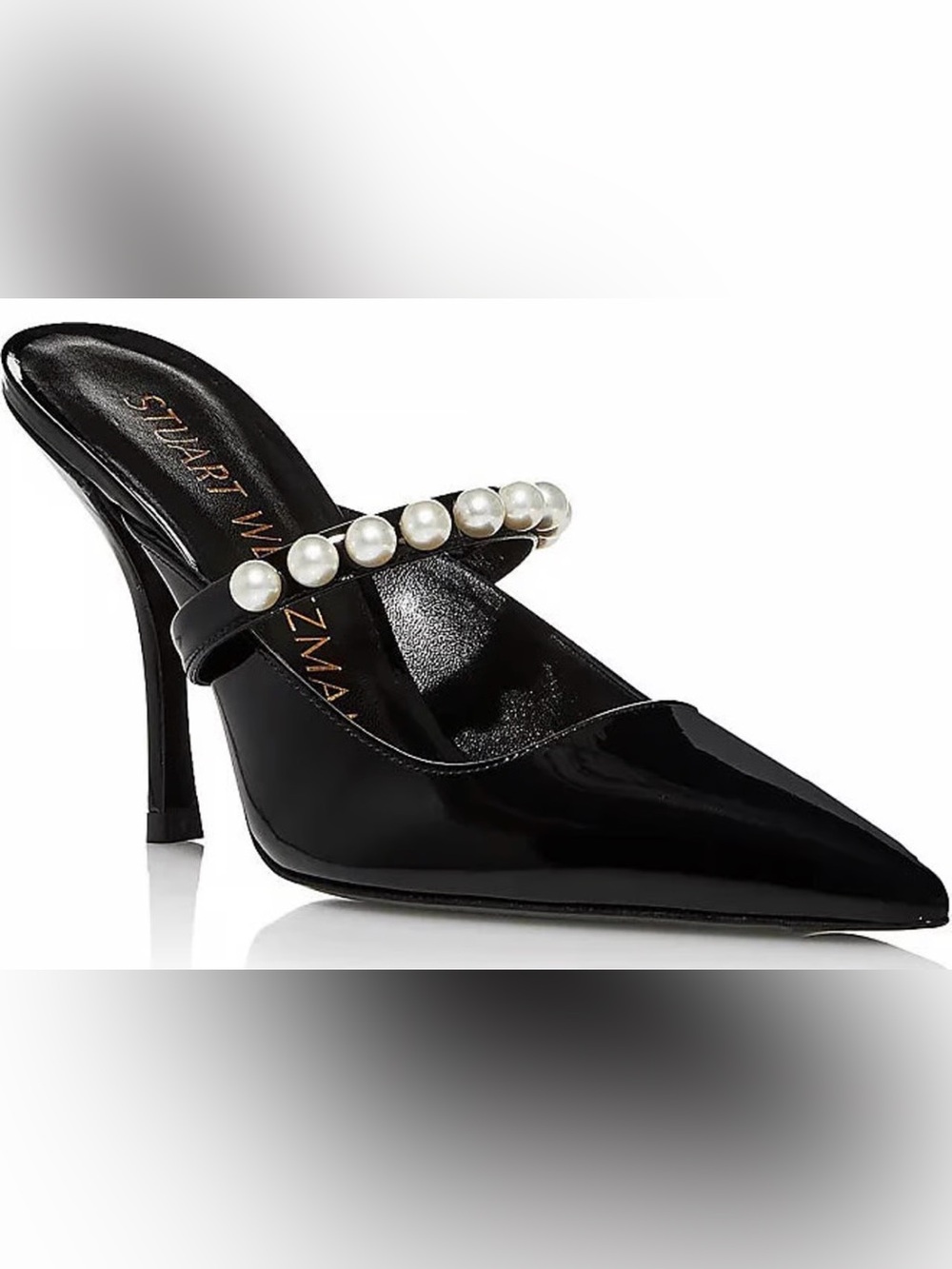 Stuart Weitzman Black Patent Pointed Pearl-Strap Pump